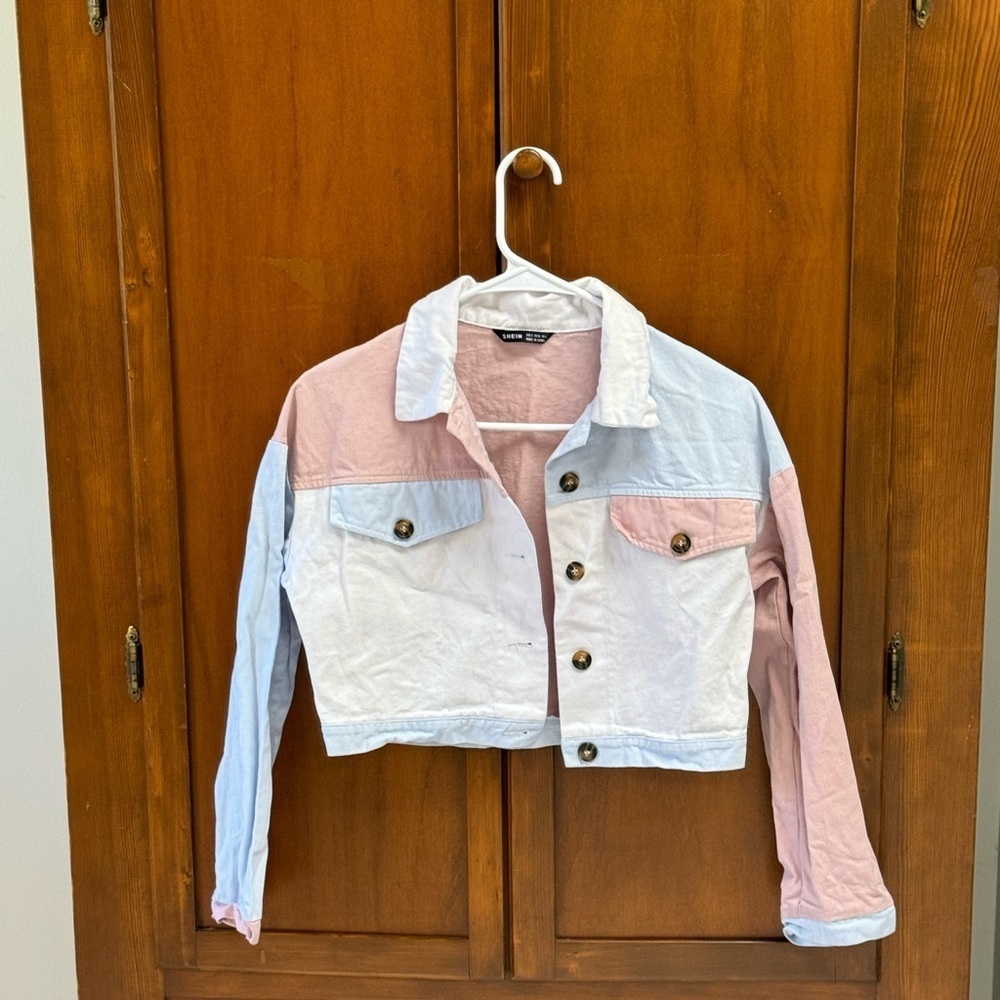 SHEIN pastel color block trucker jean crop jacket SM L14in 17-18pit
